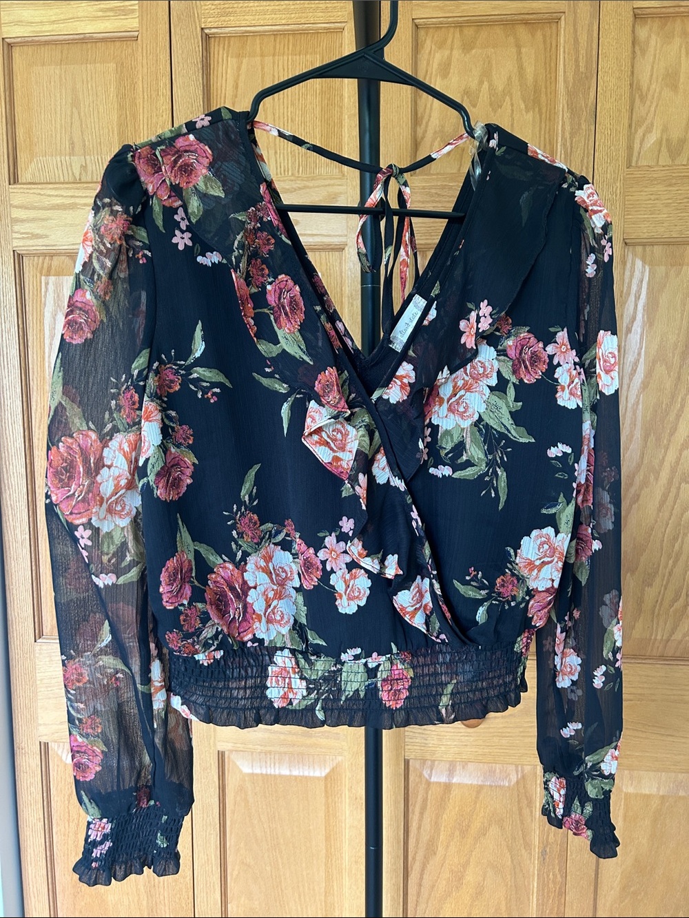 Altar’d State Floral Wrap-Front Blouse in Black